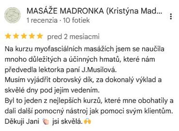 Reference ke kurzu: Myofasciální masáž od MASÁŽE MADRONKA (Kristýna Madron) - Google Recenze