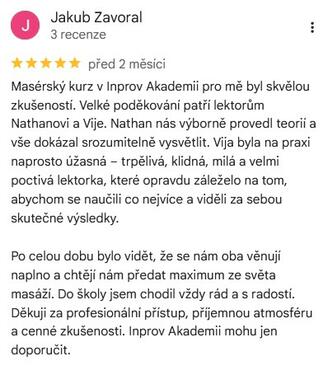 Reference ke kurzu: Rekvalifikační masérský kurz od Jakub Zavoral - Google Recenze
